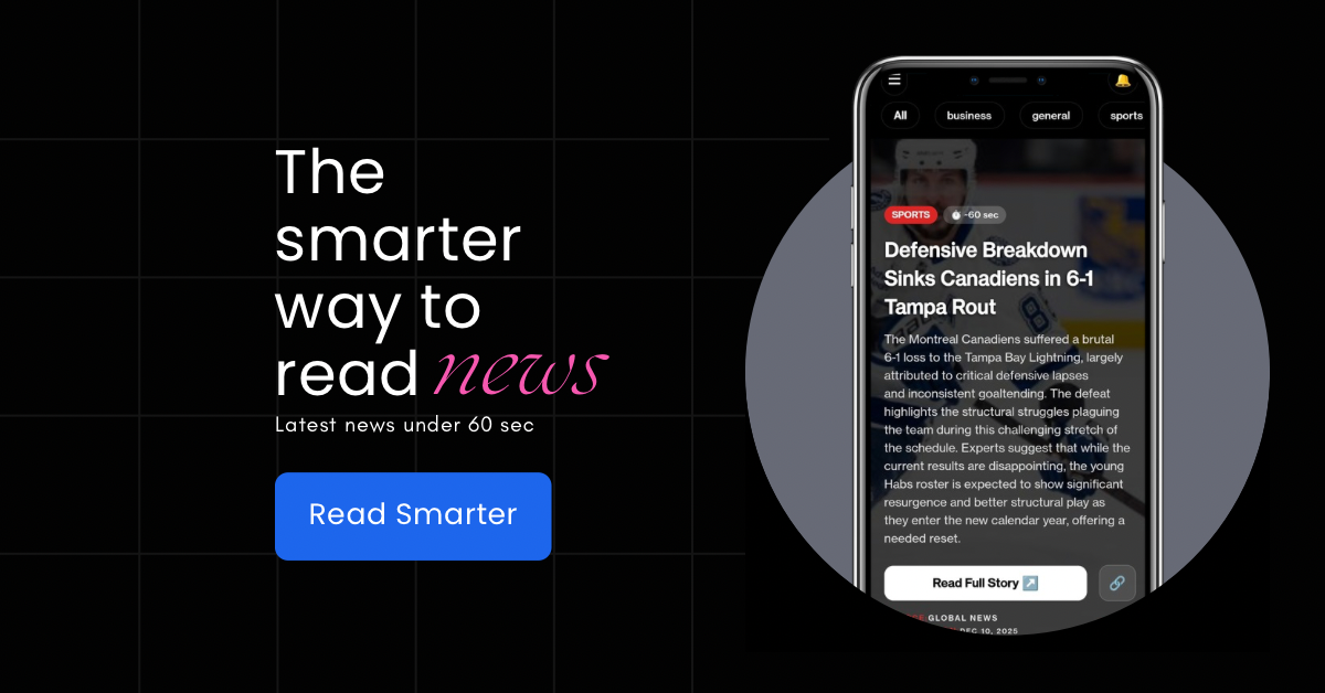 BrieflyCA mobile app interface showing concise Canadian news summaries on a dark mode screen